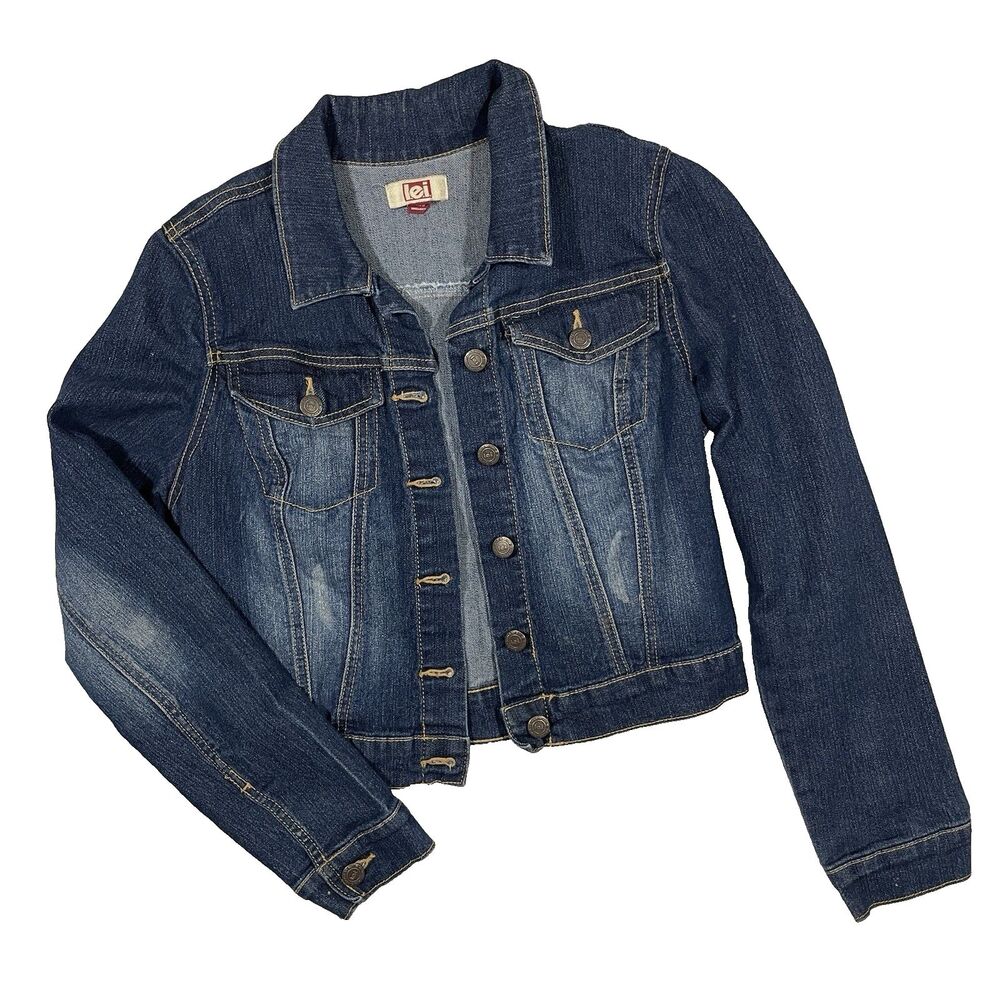 Y2K LEI Cropped Jean Jacket Studded Classic Distressed Denim Vintage Juniors M